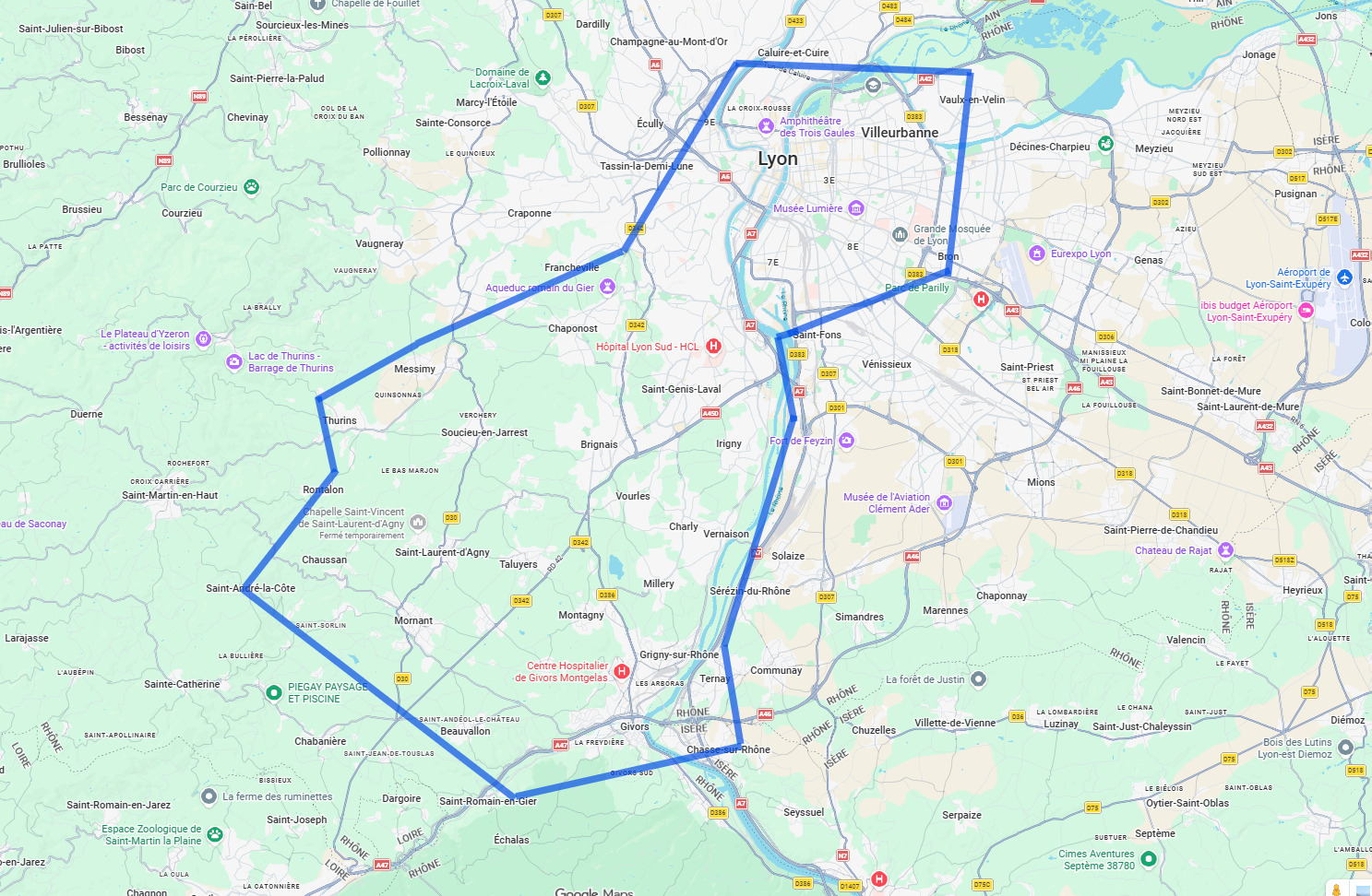Carte zone d'intervention BJ Toitures — Lyon et Ouest Lyonnais